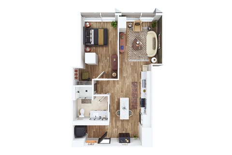 Floor plan for 1 bed, 1 bath, 670 sqft